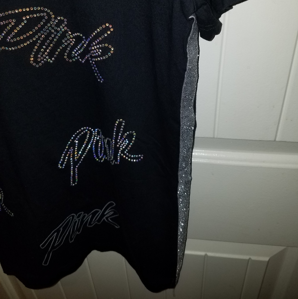 VICTORIAS SECRET PINK black bling logo campus tee - Picture 4 of 7